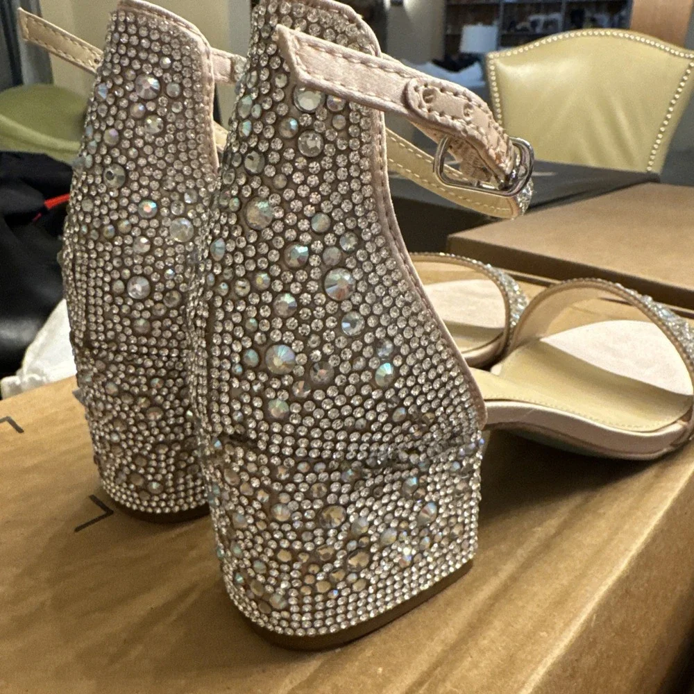 Embellished Block Heel Sandal in Blush with Silver Crystals